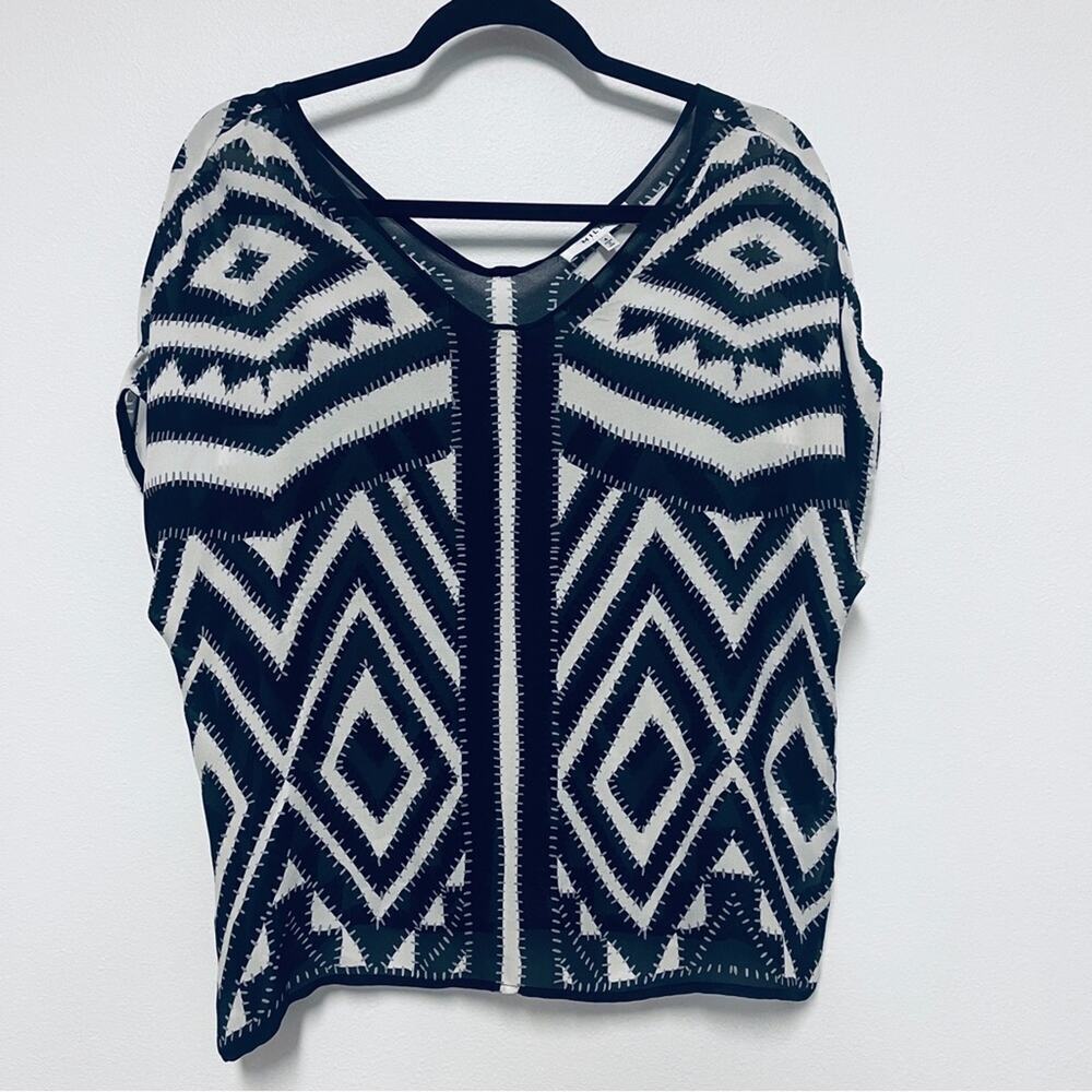 MILLY 100% Silk Geometric Blouse - Dolman Sleeve Aztec Pattern - Scoop Neck top